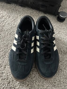 adidas womens Black Suede Sneakers with White Stripes